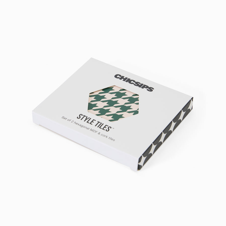 Style Tiles packaging box with hexagon window showing green and cream houndstooth print coaster
