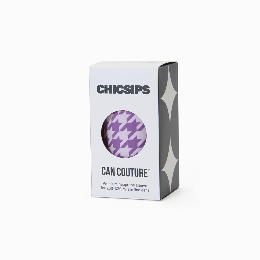 Can Couture packaging box with circular window showing purple and cream houndstooth print neoprene can sleeve