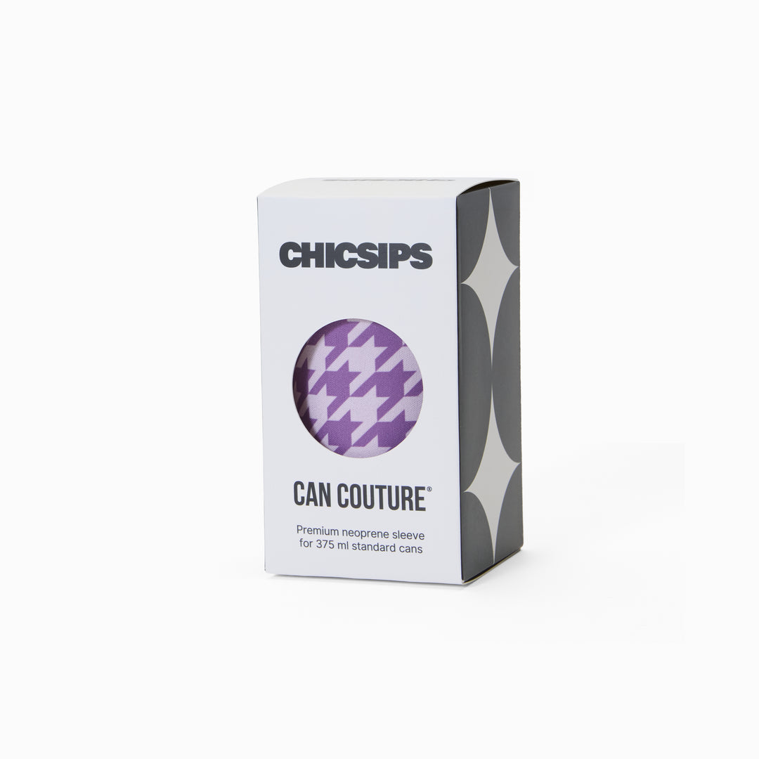 Can Couture packaging box with circular window showing purple and cream houndstooth print neoprene can sleeve