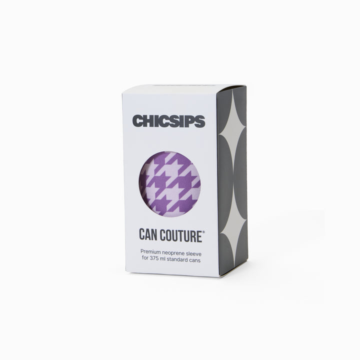 Can Couture packaging box with circular window showing purple and cream houndstooth print neoprene can sleeve