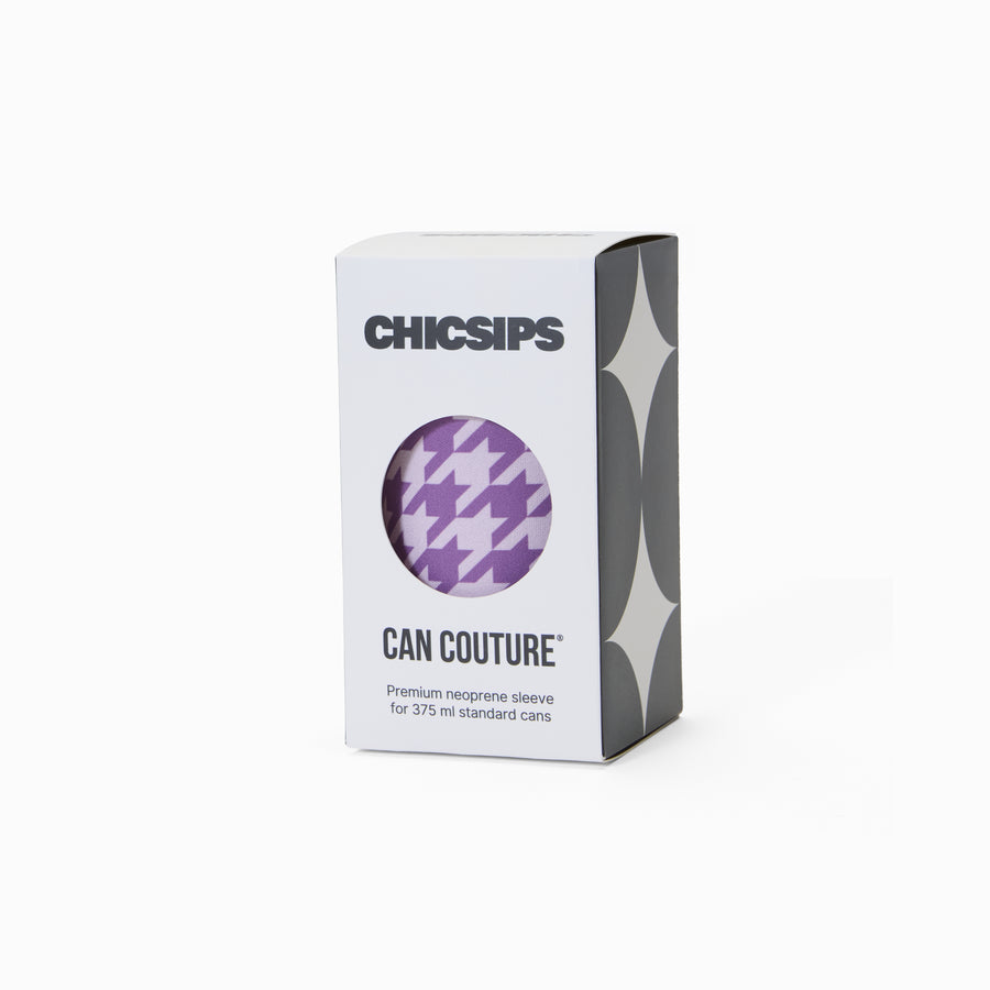 Can Couture packaging box with circular window showing purple and cream houndstooth print neoprene can sleeve