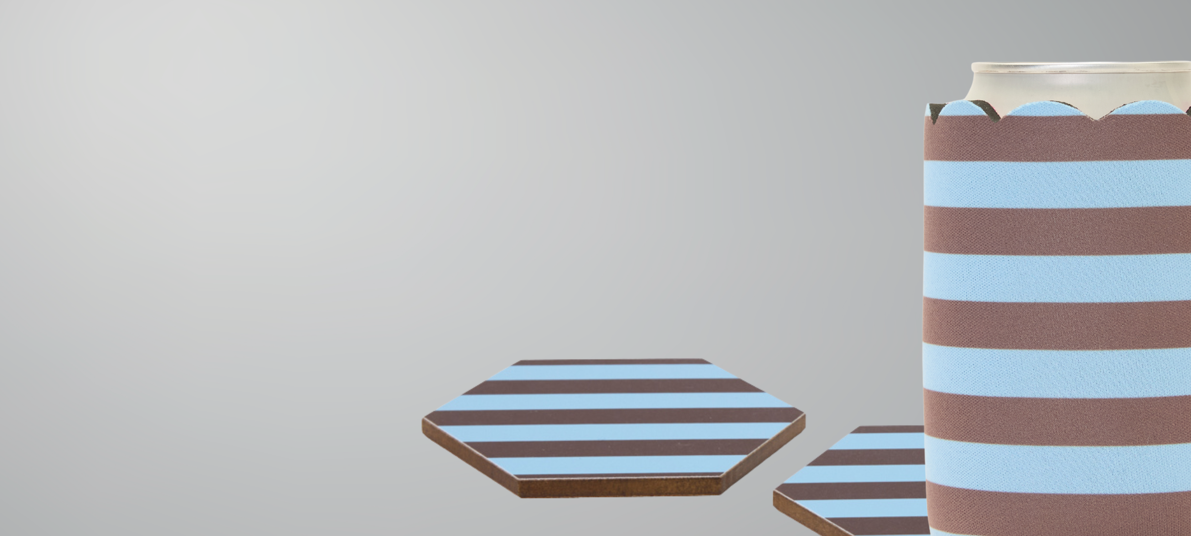 Blue and chocolate stripe print can sleeve with beverage can and two matching hexagonal coasters