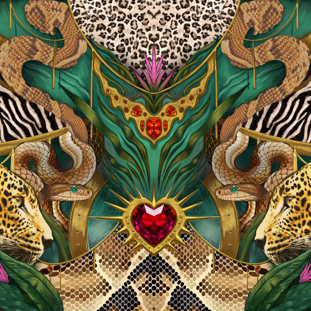 Chic Sips Animalier artwork: snakes, leopards and a jewelled heart over leopard, zebra and snake prints with green foliage