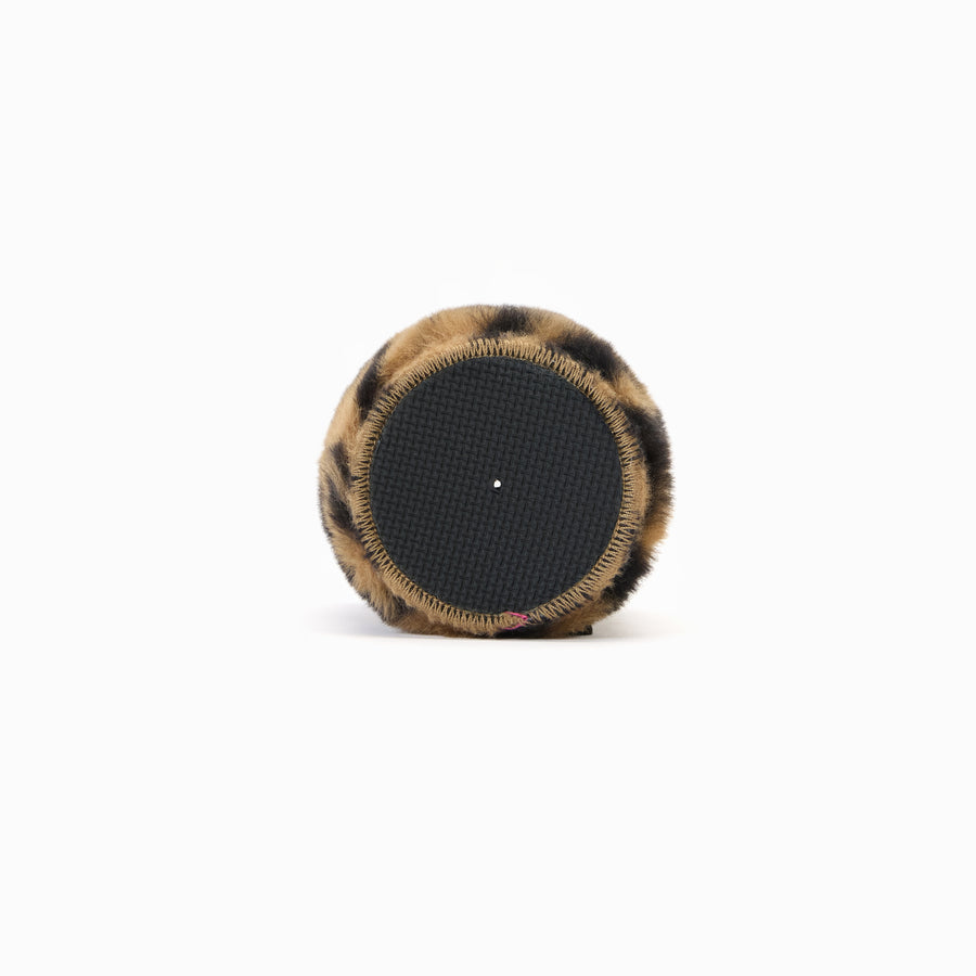 Tiger print faux fur can sleeve base with non-slip textured grip and overlocked edge