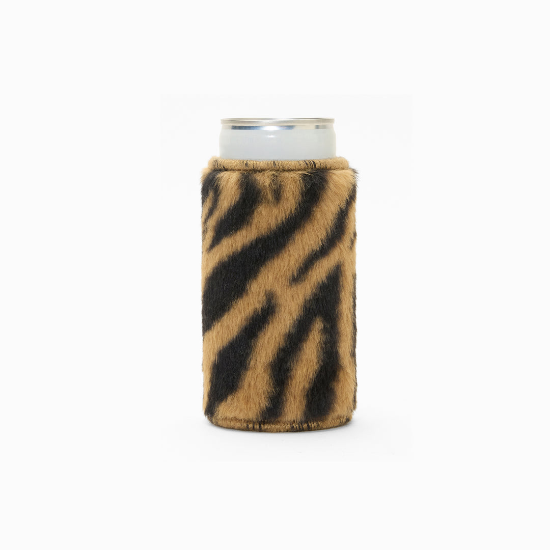 Tiger print faux fur can sleeve, holding a can