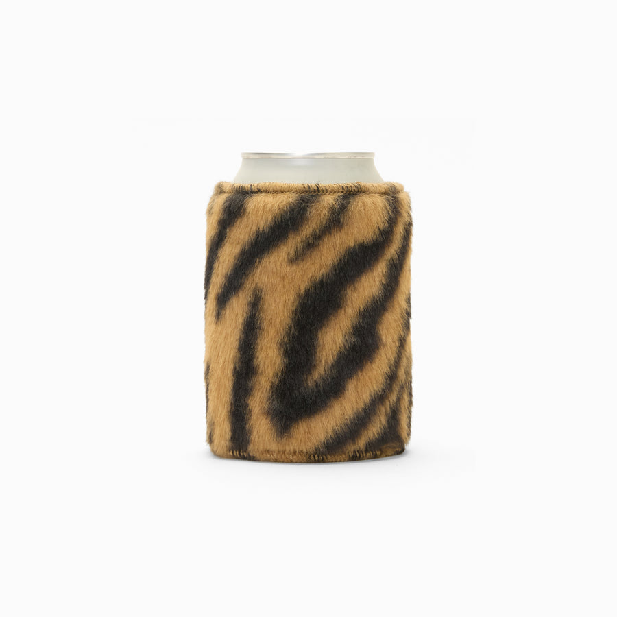 Tiger print faux fur can sleeve, holding a can