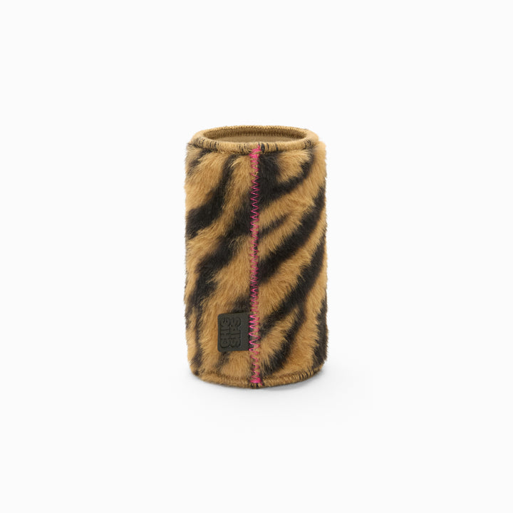 Tiger print faux fur can sleeve with pink zigzag seam