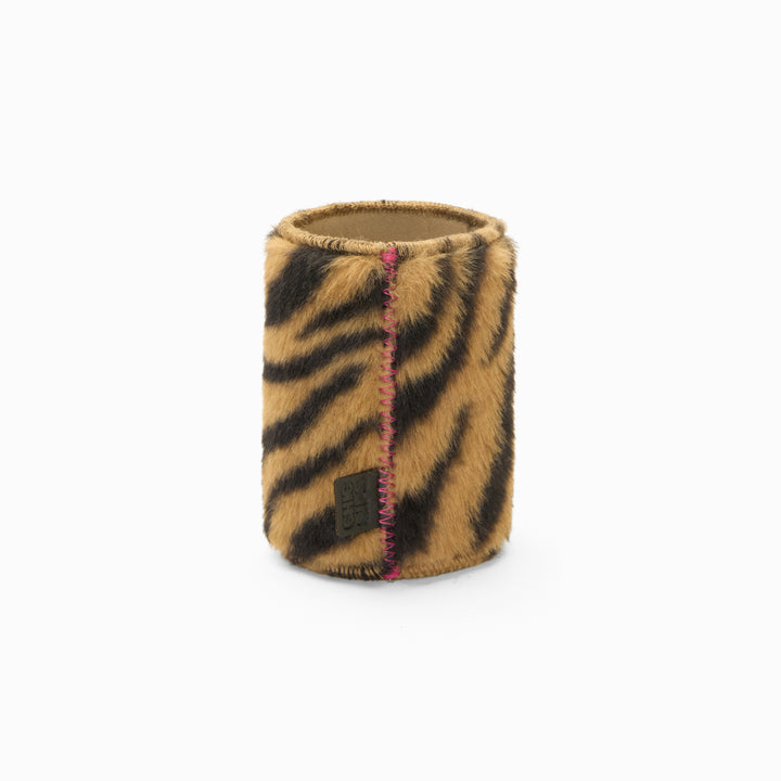 Tiger print faux fur can sleeve with pink zigzag seam