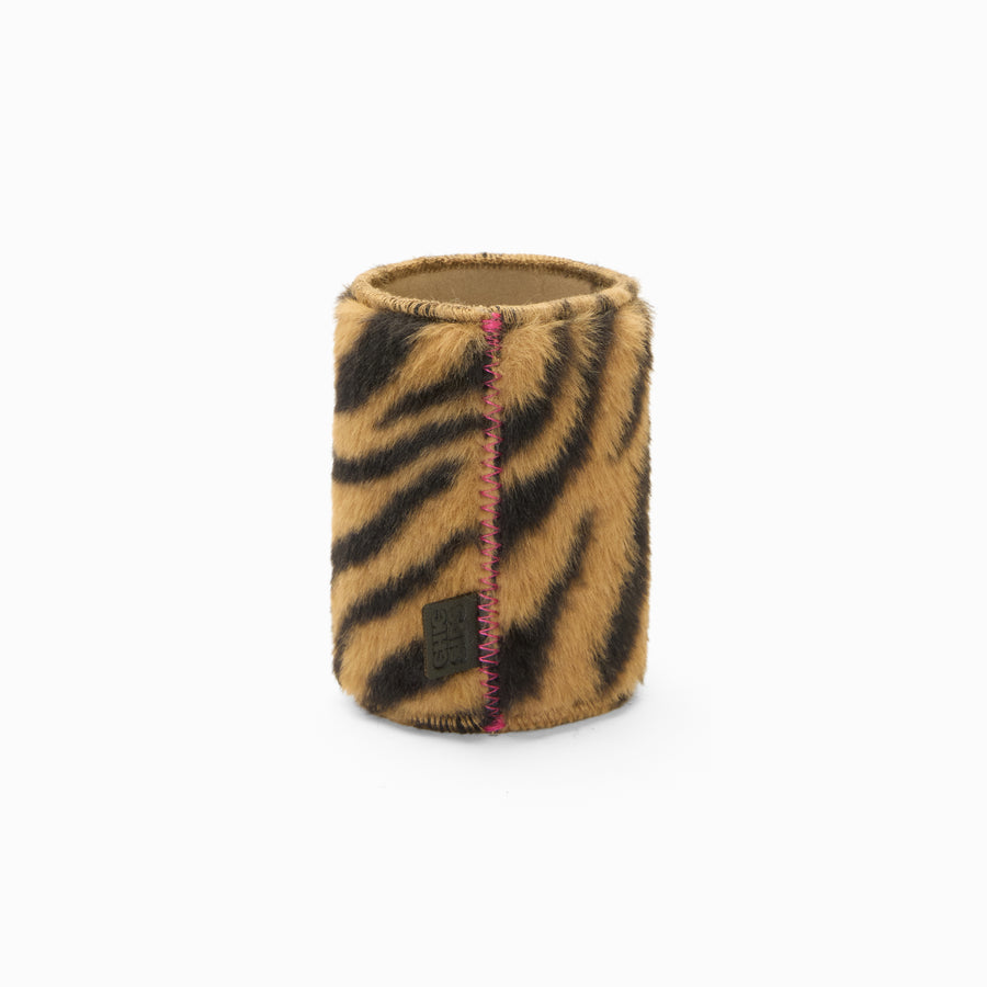 Tiger print faux fur can sleeve with pink zigzag seam