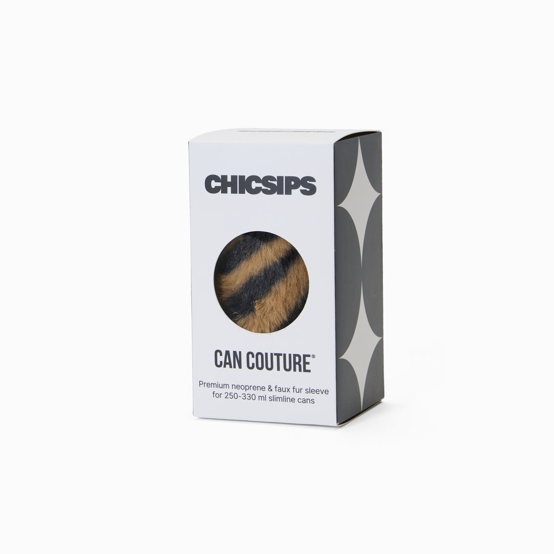 Can Couture packaging box with circular window showing tiger print faux fur can sleeve 