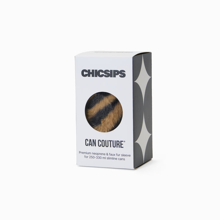 Can Couture packaging box with circular window showing tiger print faux fur can sleeve 