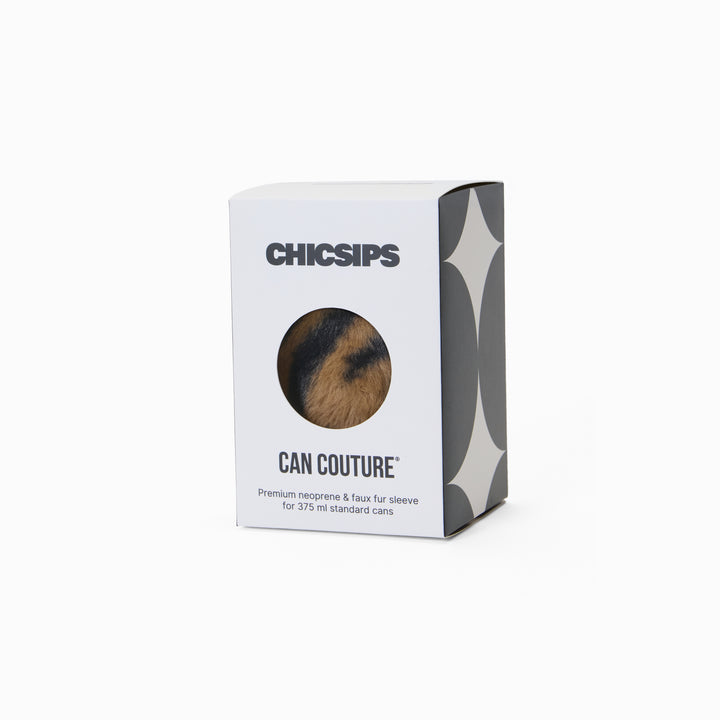 Can Couture packaging box with circular window showing tiger print faux fur can sleeve sleeve design