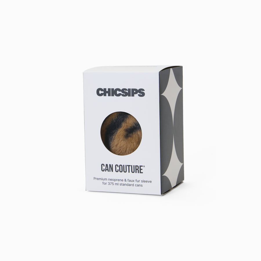 Can Couture packaging box with circular window showing tiger print faux fur can sleeve sleeve design