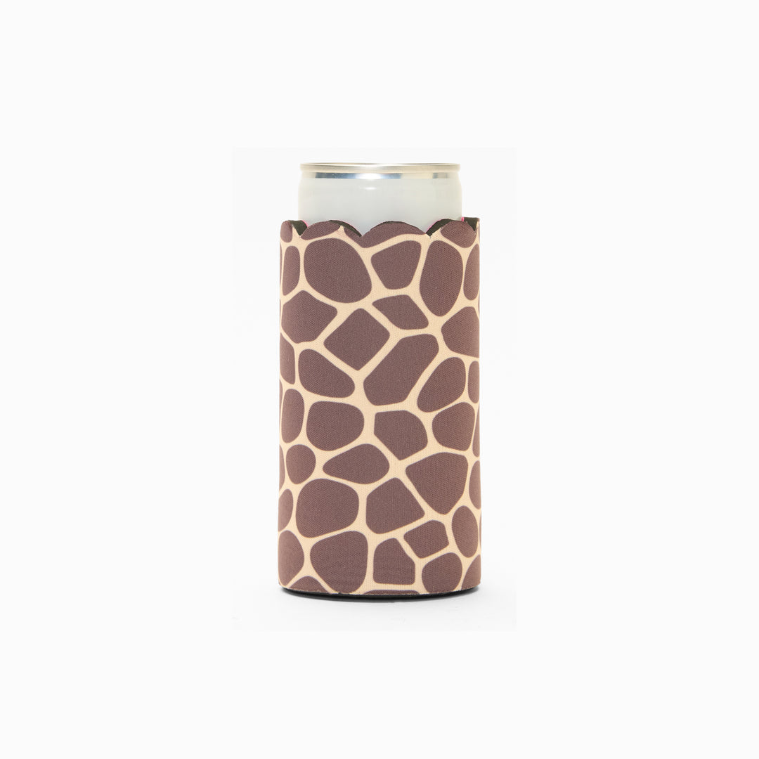 Giraffe print can sleeve with scalloped edge, holding a can