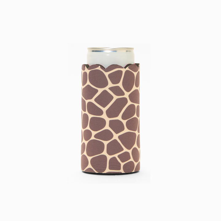 Giraffe print can sleeve with scalloped edge, holding a can