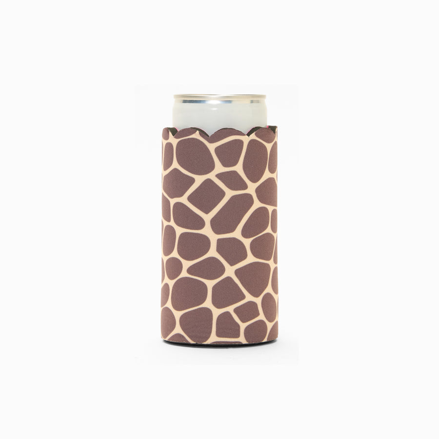 Giraffe print can sleeve with scalloped edge, holding a can