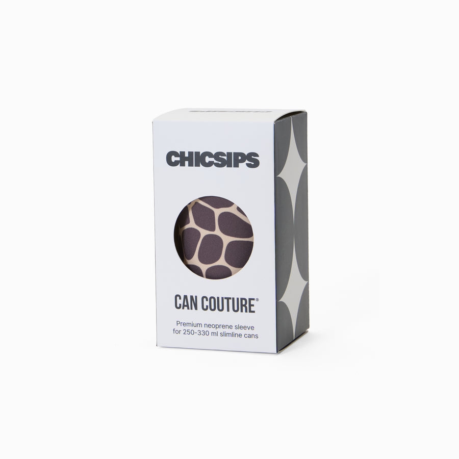 Can Couture packaging box with circular window showing giraffe print neoprene can sleeve