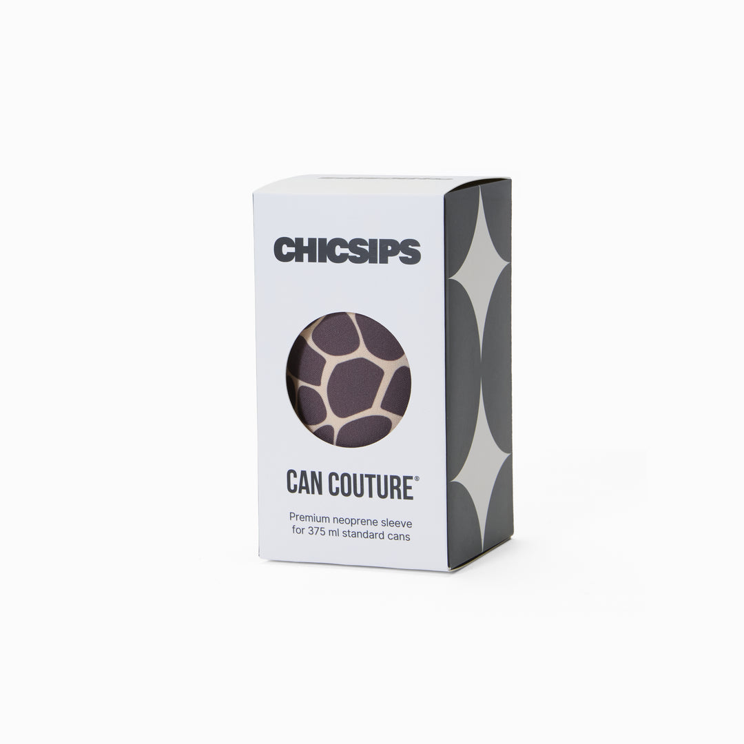 Can Couture packaging box with circular window showing giraffe print neoprene can sleeve