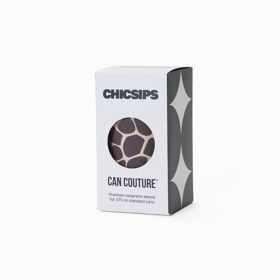 Can Couture packaging box with circular window showing giraffe print neoprene can sleeve