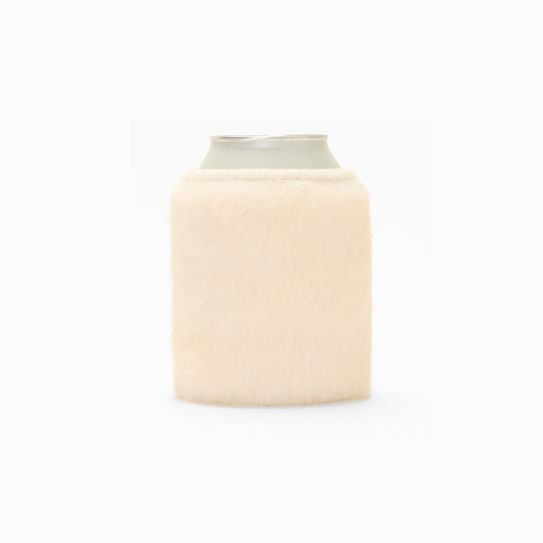 Cream faux fur can sleeve holding a can
