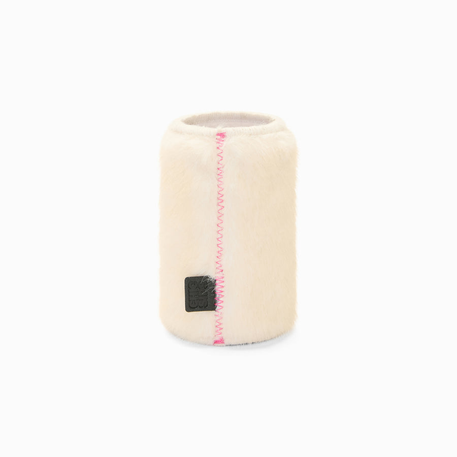 Cream faux fur can sleeve with pink zigzag seam