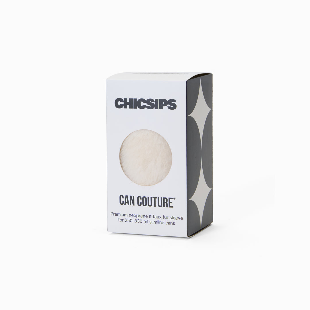 Can Couture packaging box with circular window showing cream faux fur can sleeve 