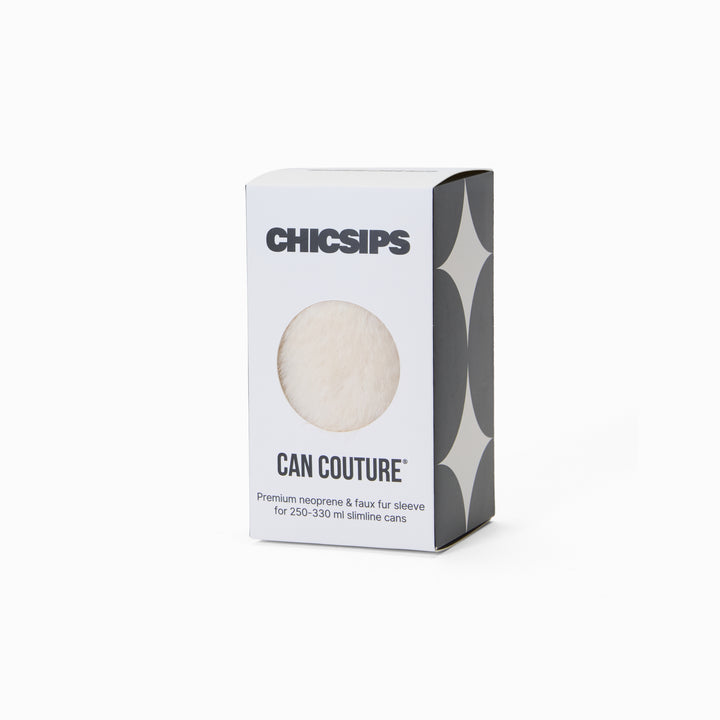 Can Couture packaging box with circular window showing cream faux fur can sleeve 