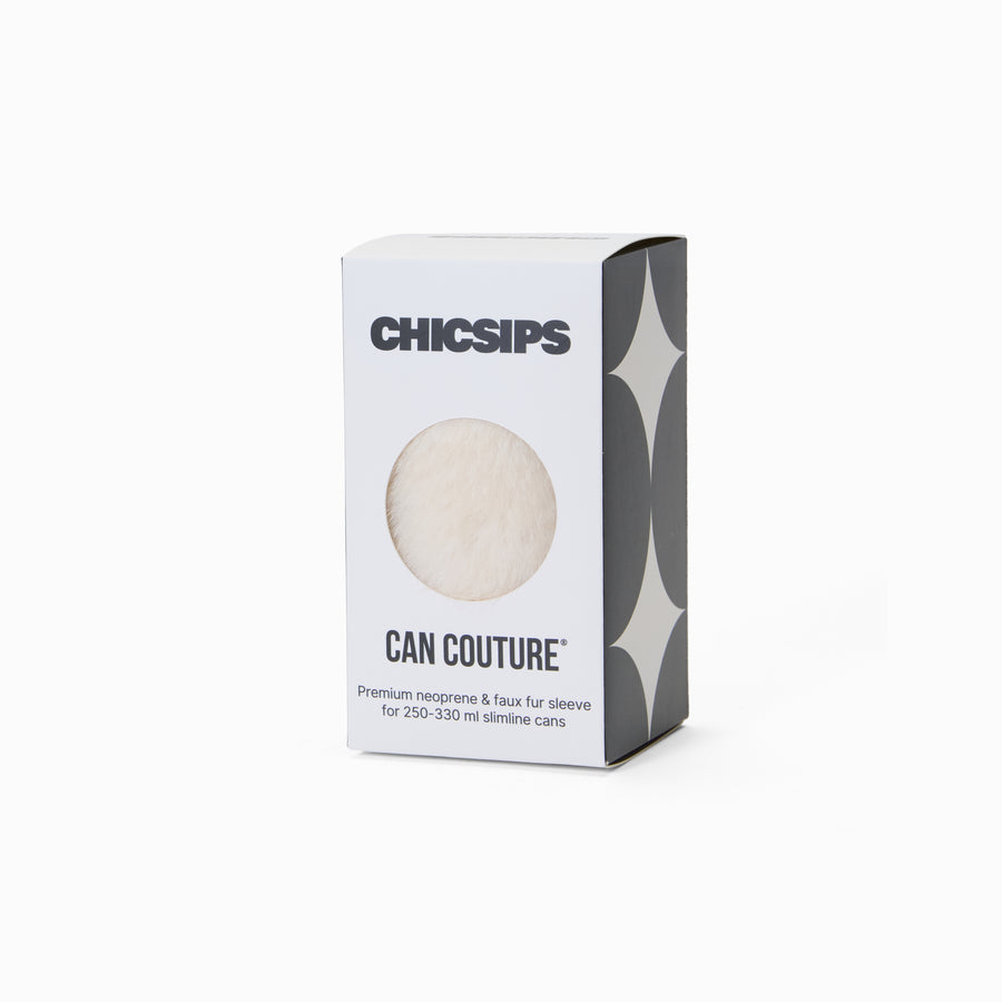 Can Couture packaging box with circular window showing cream faux fur can sleeve 