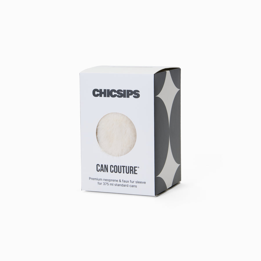 Can Couture packaging box with circular window showing cream faux fur can sleeve 