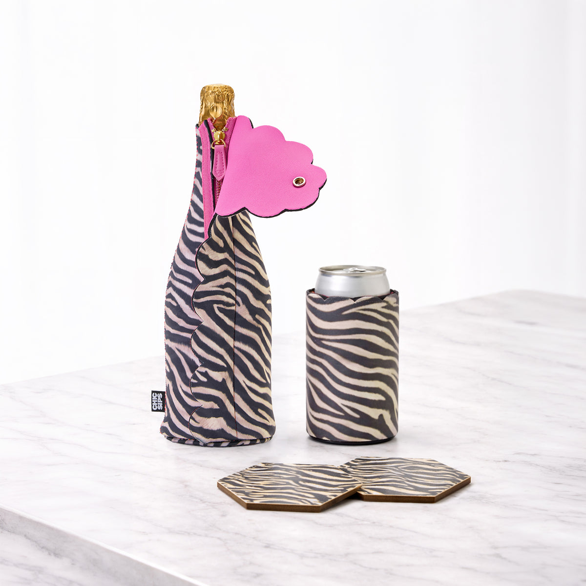 Bottle cooler and can sleeve in Nocturne zebra print with two matching hexagonal coasters