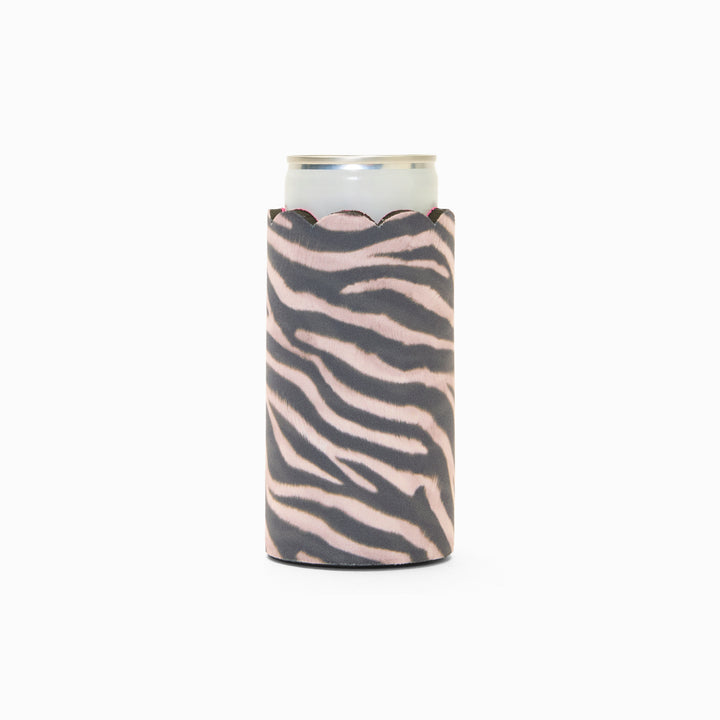 Zebra print can sleeve with scalloped edge, holding a can