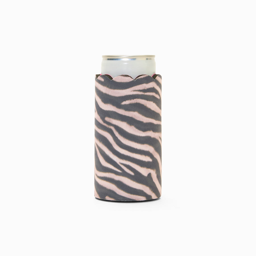 Zebra print can sleeve with scalloped edge, holding a can