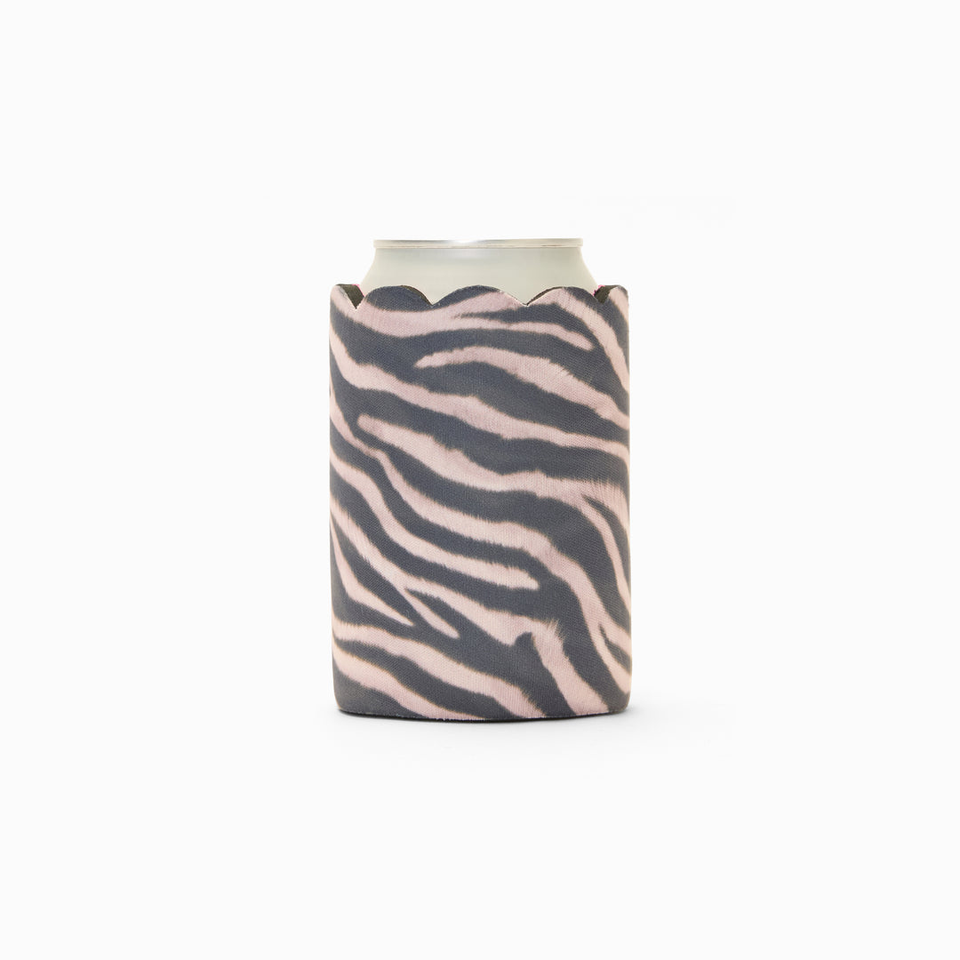Zebra print can sleeve with scalloped edge, holding a can