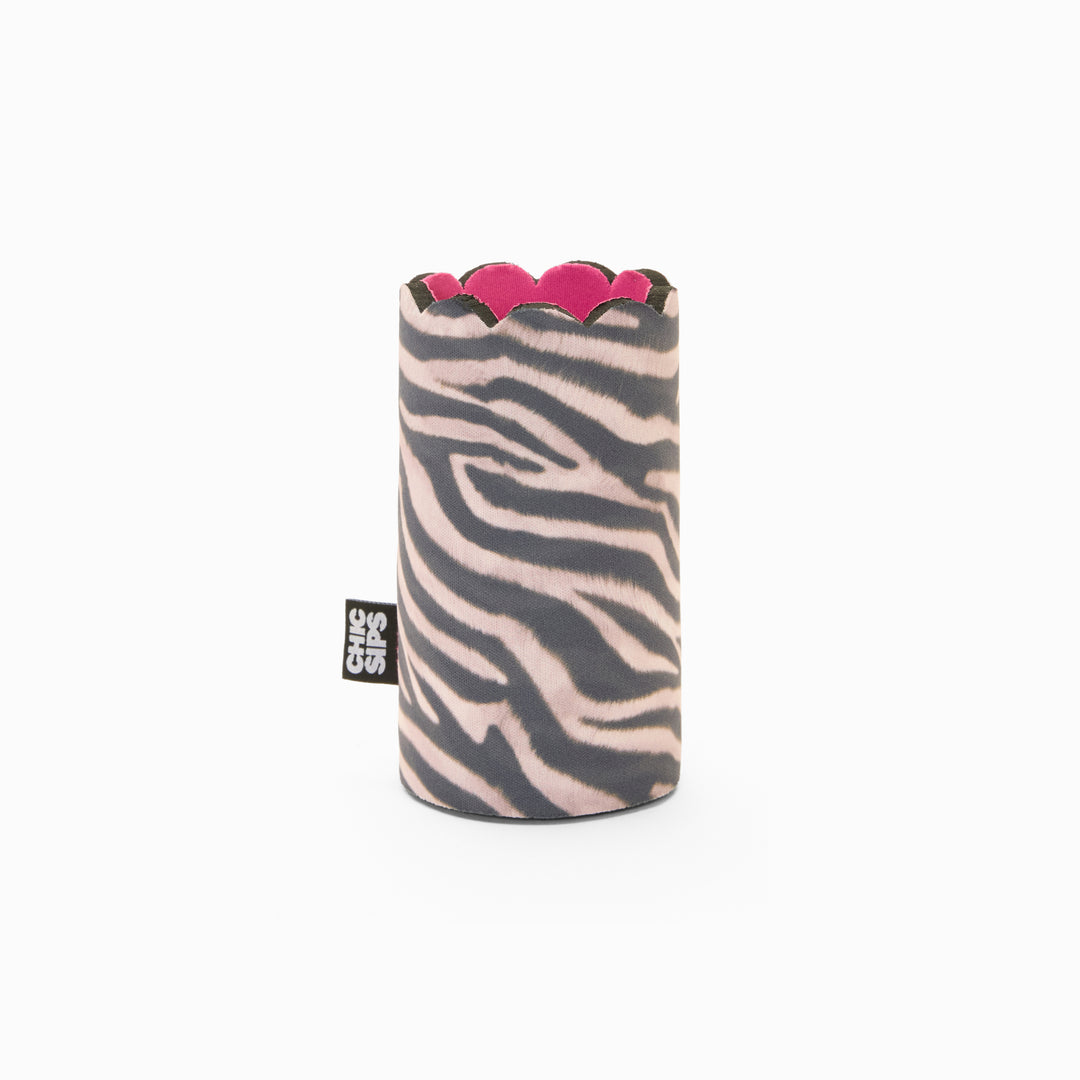 Zebra print can sleeve with scalloped edge and pink lining