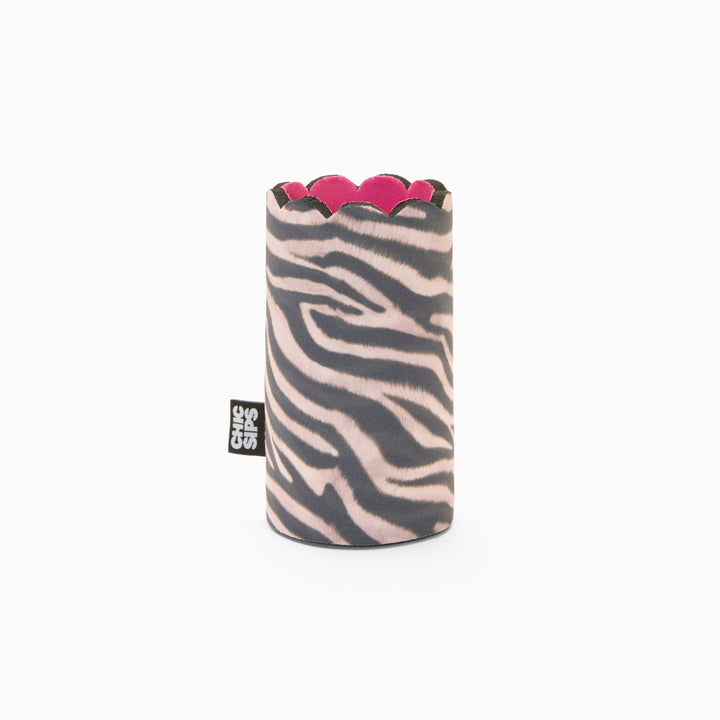 Zebra print can sleeve with scalloped edge and pink lining