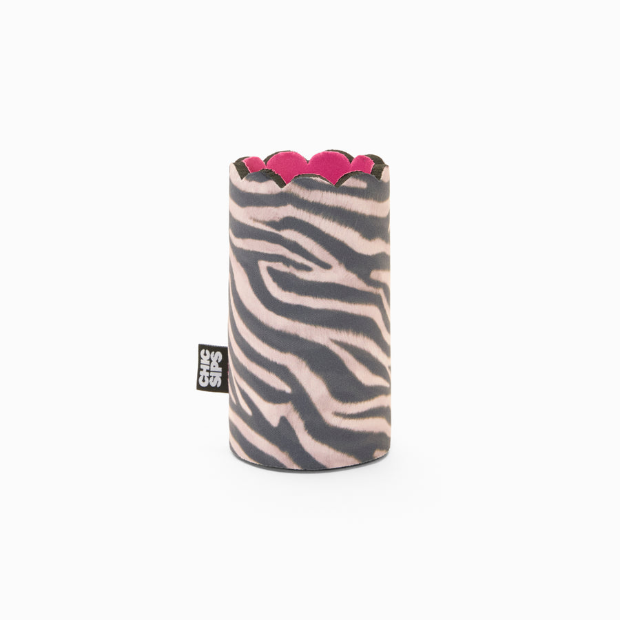 Zebra print can sleeve with scalloped edge and pink lining