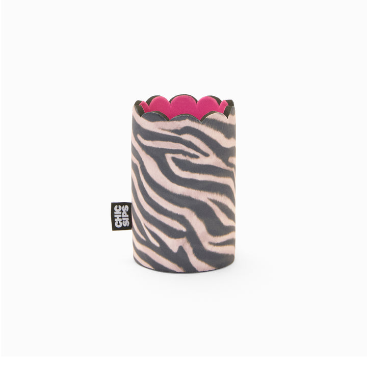 Zebra print can sleeve with scalloped edge and pink lining