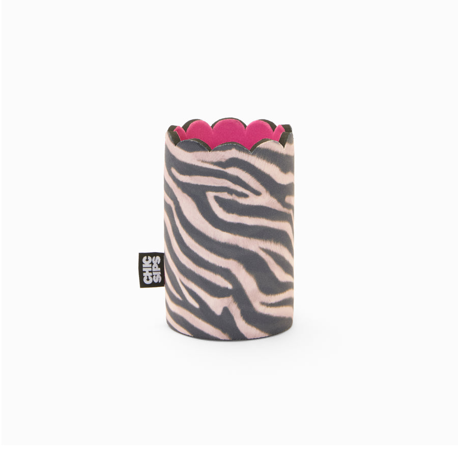 Zebra print can sleeve with scalloped edge and pink lining
