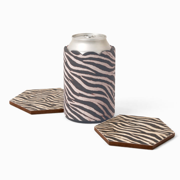 Zebra print can sleeve with beverage can and two matching hexagonal coasters