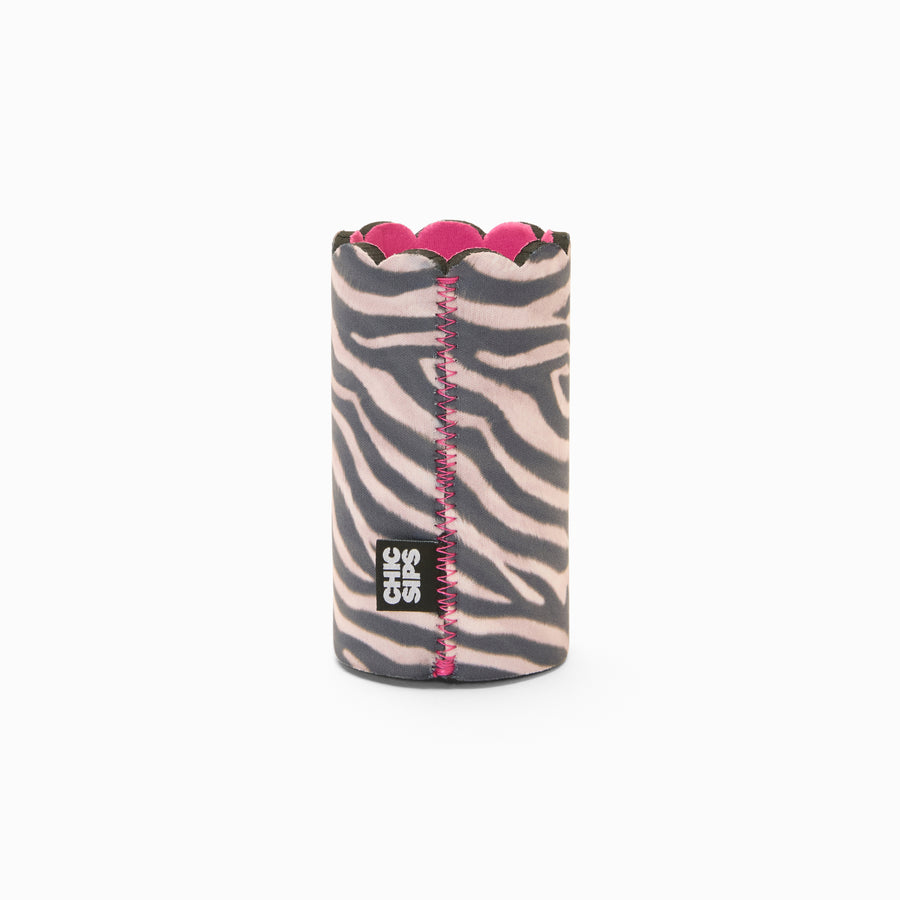 Zebra print can sleeve with scalloped edge, pink lining and pink zigzag seam