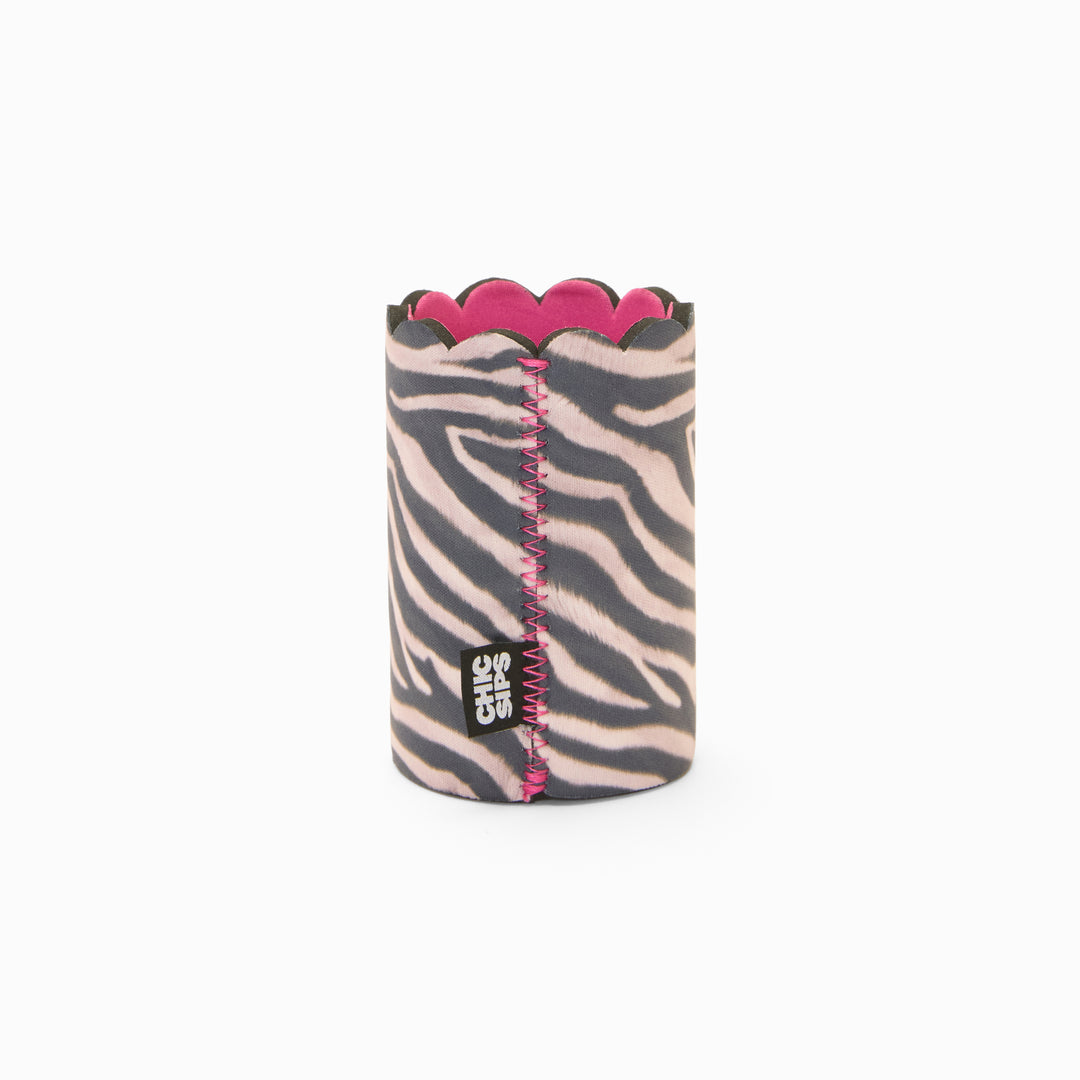 Zebra print can sleeve with scalloped edge, pink lining and pink zigzag seam