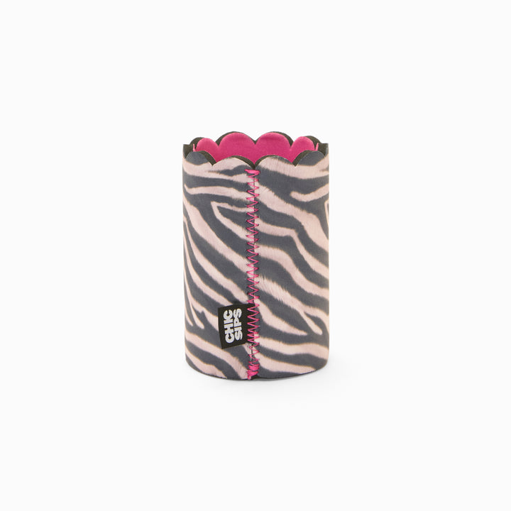 Zebra print can sleeve with scalloped edge, pink lining and pink zigzag seam