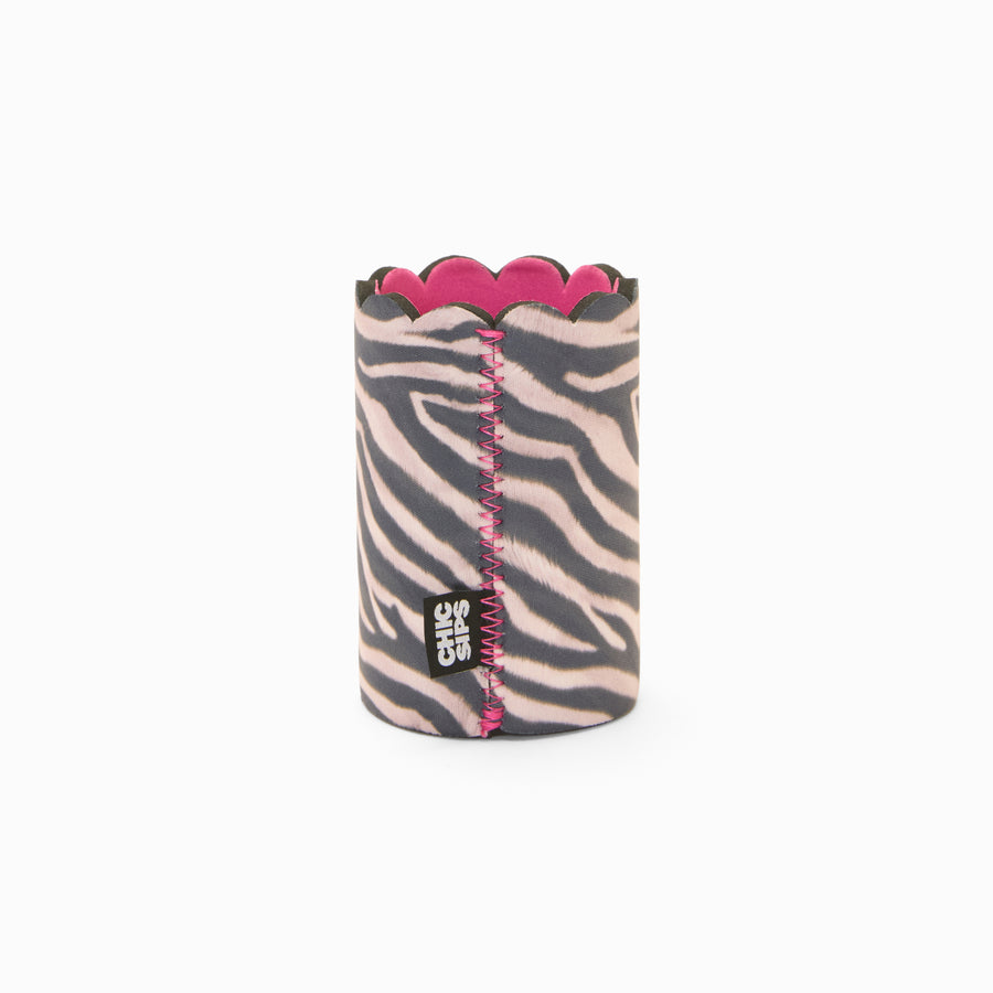 Zebra print can sleeve with scalloped edge, pink lining and pink zigzag seam