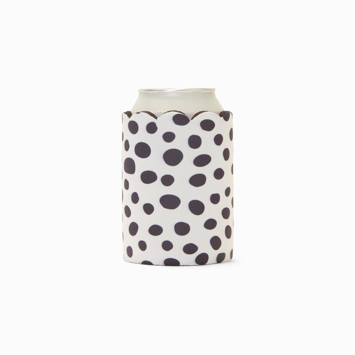 Black and white polka dot can sleeve with scalloped edge, holding a can