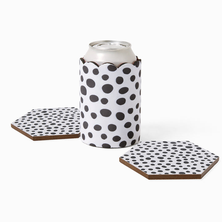 Black and white polka dot can sleeve with beverage can and two matching hexagonal coasters
