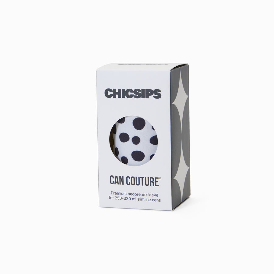 Can Couture packaging box with circular window showing black and white polka dot neoprene can sleeve