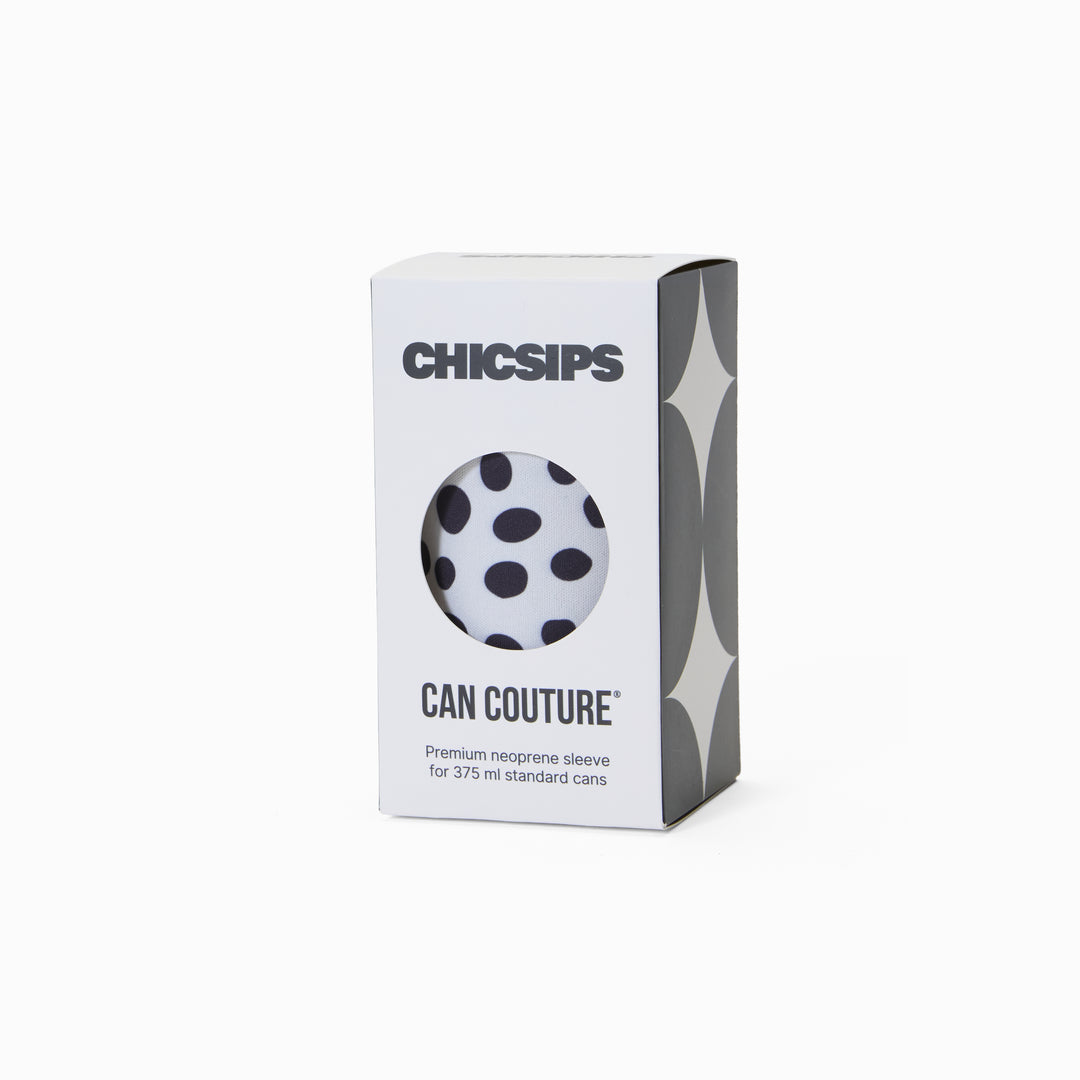 Can Couture packaging box with circular window showing black and white polka dot neoprene can sleeve