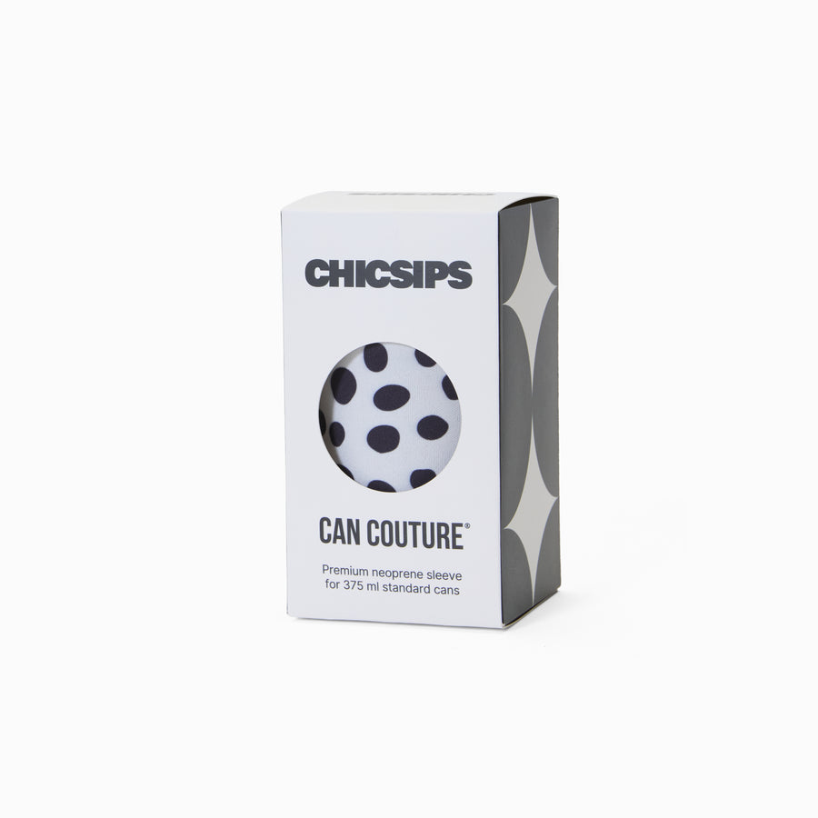 Can Couture packaging box with circular window showing black and white polka dot neoprene can sleeve
