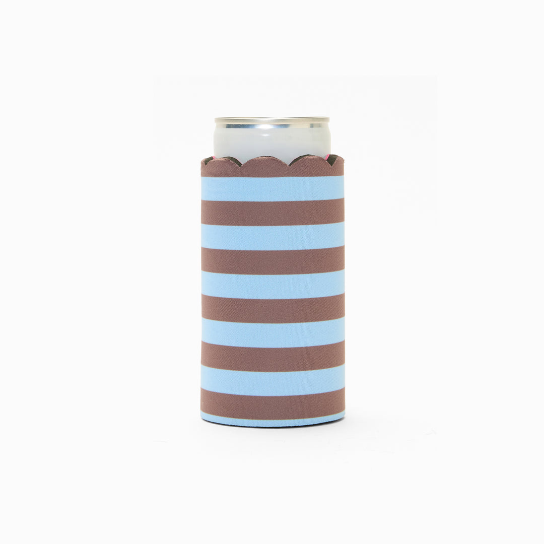 Blue and chocolate stripe print can sleeve with scalloped edge, holding a can