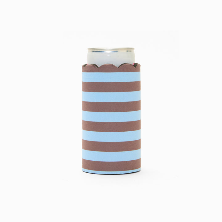 Blue and chocolate stripe print can sleeve with scalloped edge, holding a can